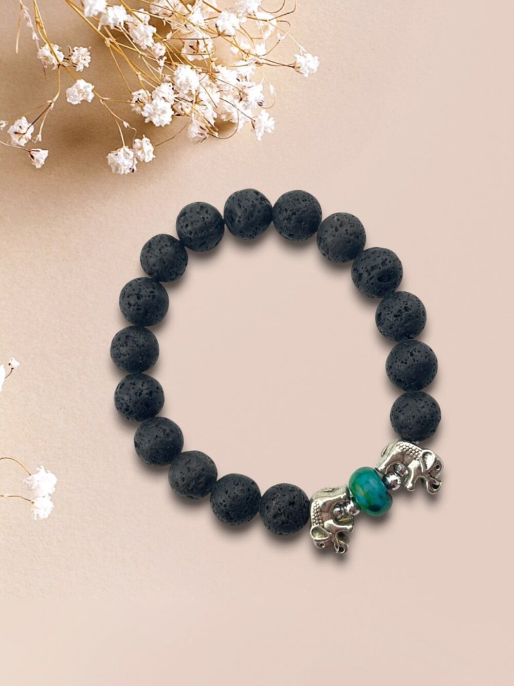 Vintage Elephant Lava Stone Aromatherapy Bracelet Black Beaded Stretch 7.5"